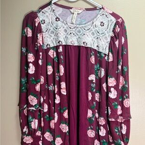 Matilda Jane Floral Lace Boho Tunic Top Women’s‎ Small Burgundy Rose Print